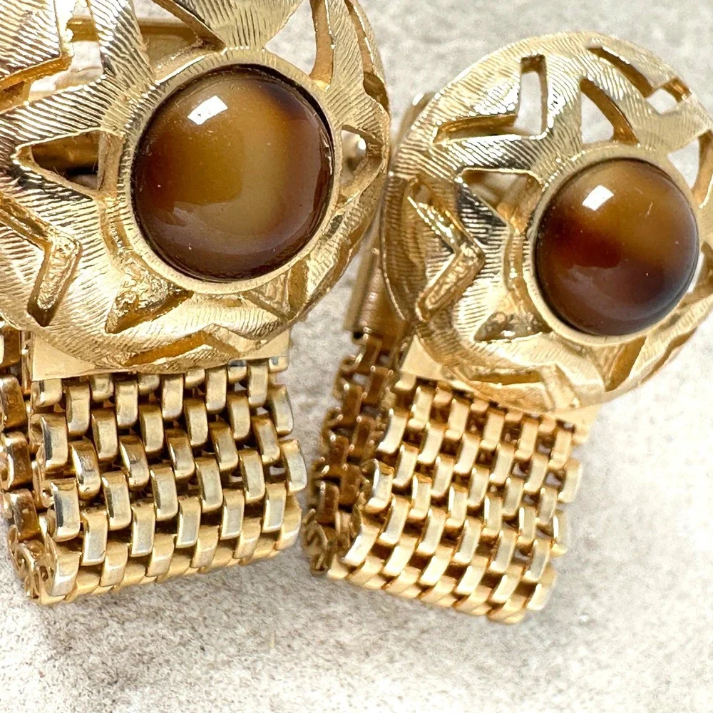 Vintage Gold Tone Mesh Cufflinks Tiger's Eye‎ Cabochon Starburst 1960s-70s Retro